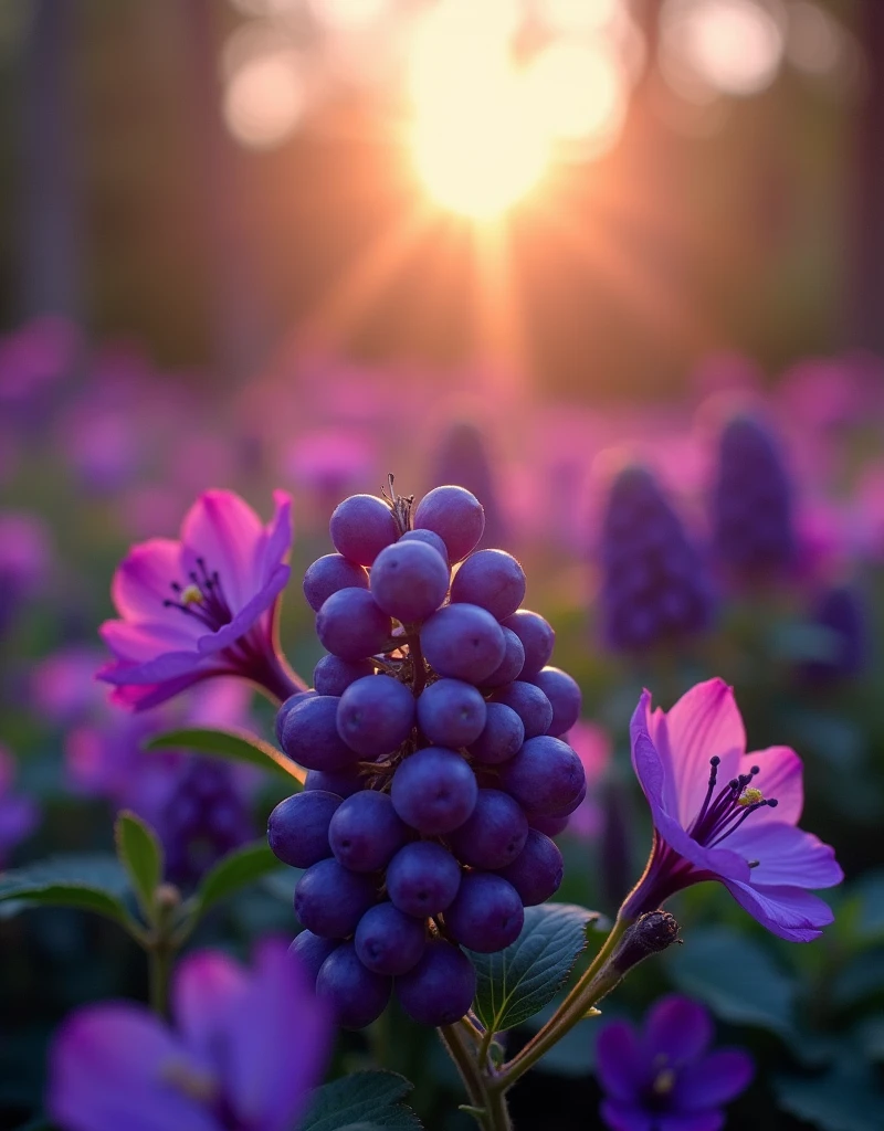 amazing violet garden with grape in the center, contrast image with sun shines