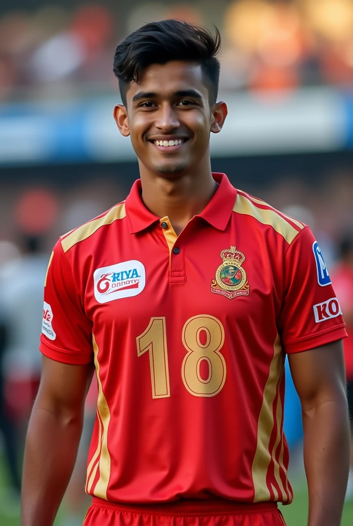 22 years brown Indian boy wearing RCB cricket jersey that number are 18 name on jersey is vijay 