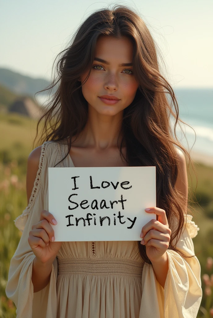 Beautiful girl with wavy long hair, bohemian dress, holding a white board with text "I Love Seaart Infinity" and showing it to the viewer