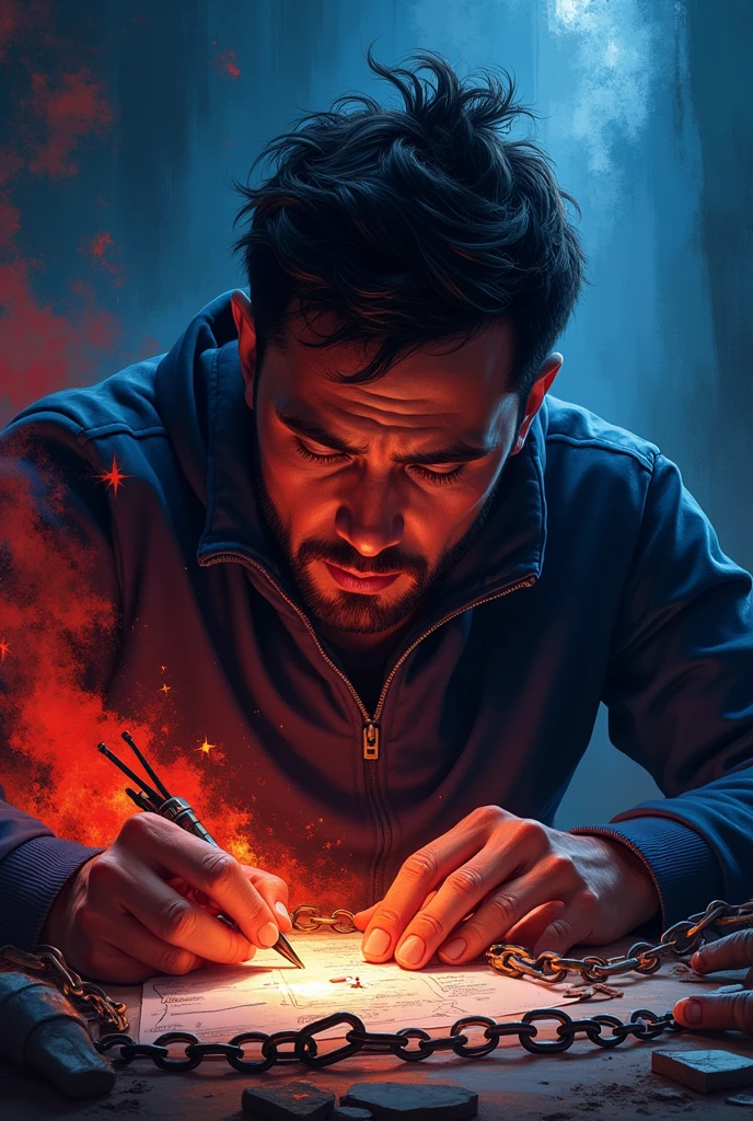 : Une personne concentrée ou travaillant dur, avec des couleurs fortes (bleu foncé, rouge). Ajoute un symbole de discipline comme une horloge ou des chaînes brisées