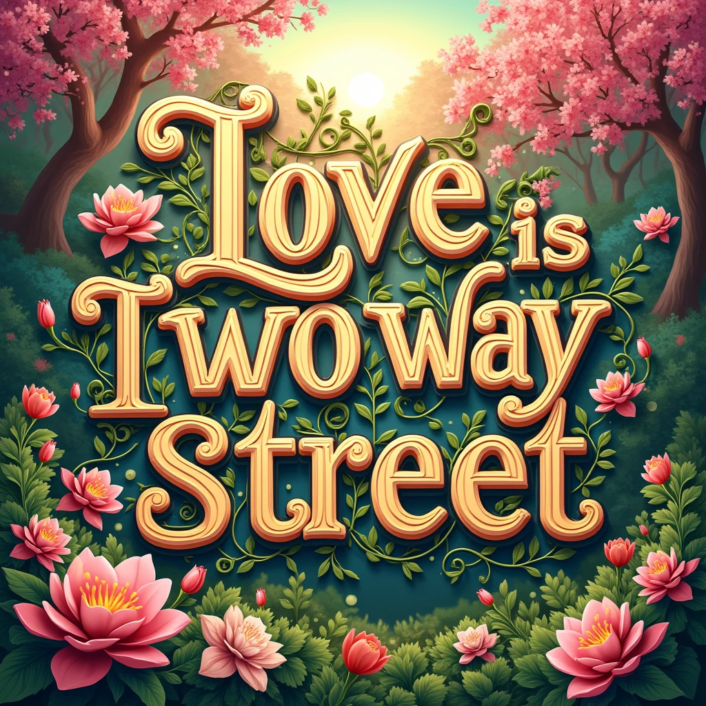 Typography Poster design, spring theme, text "Love is two-way street", masterpiece, best quality, ultra-detailed, intricate, vivid colors