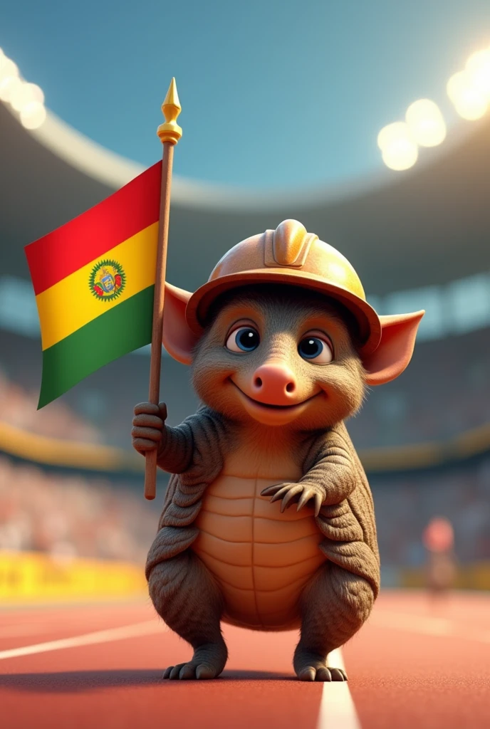 An animated armadillo with the Bolivian flag in his hand, with a brown miner&#39;s helmet on his head and he is running athletics Paris 2024 The flag is red, yellow and green The shell is noticeable And his face is more monastic (special smiling)