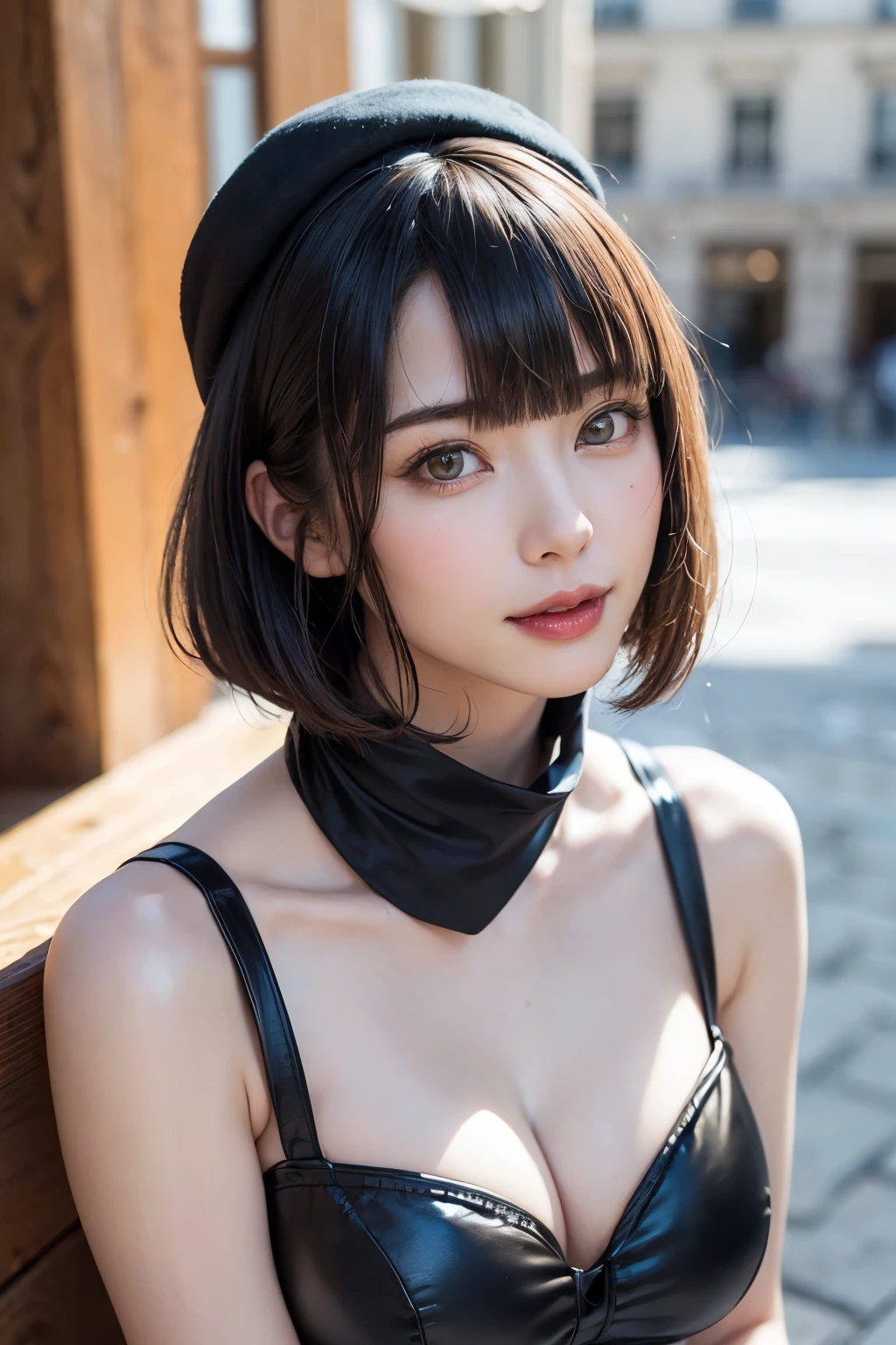 (masterpiece, Highest quality),One Girl, solo, Black-haired, scarf, hat, Realistic, Realistic, Looking at the audience, Light-coloured black eyes, Short brunette bob hair, Brown coat,, Lips, Bans, Plein Air, Upper body、Big eyes、Beautiful view of sparkling snow lassi))、(((Short bob hair with bangs:1.4、Shiny Hair、Bans:1.4、Big eyes、large full chest、Intensely accentuates the eyes、Staring at the audience、Beautiful beauty、Listen carefully、Long neck、Smile a little、smile、Ideal body proportions)))、{huge|big|hugeな|Mega} chest:2, chestの谷間:2