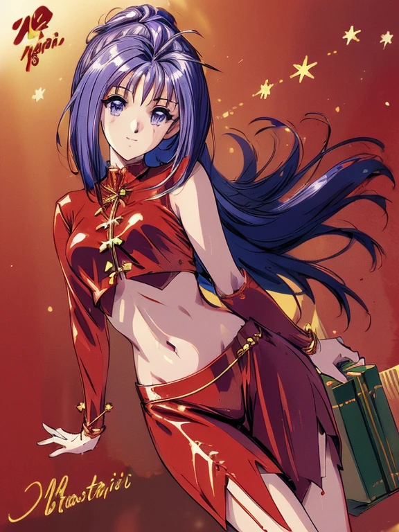 ((masterpiece)),((Ayako Katagiri)),((Katagiri Ayako)),((Mischievous Smile)),Anatomically perfect fingers,(((Snow Scene))),(((Santa Claus Costume))),winter,Separate costumes,Exposed navel