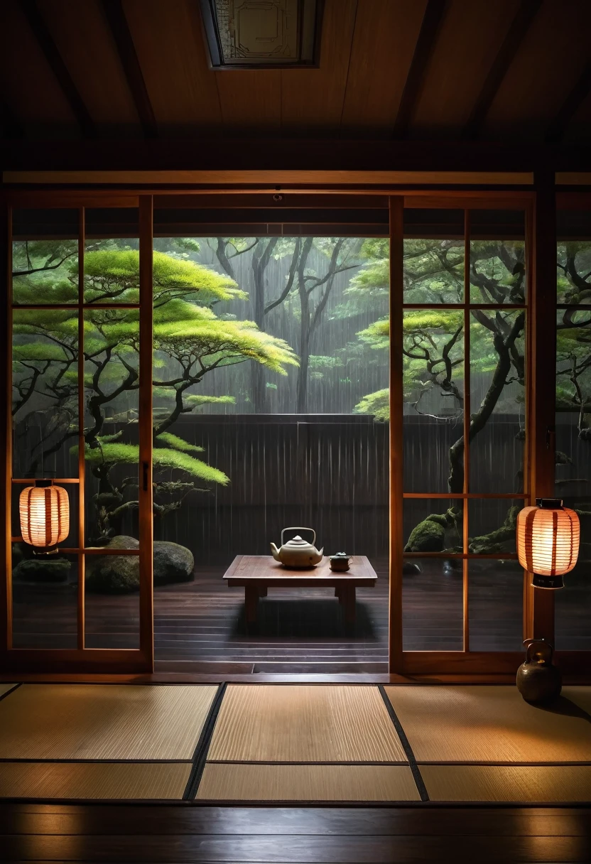 This image depicts a calming traditional Japanese room on a rainy evening and lit by lanterns, featuring a wooden floor, a wooden table in the center with a teapot on top, and sliding shoji doors offering a view of a carefully tended zen forest. The presence of natural rain elements both inside and outside creates a harmonious atmosphere that is at the heart of Japanese aesthetics. The careful arrangement of indoor spaces and outdoor forests reflects the rain and mist culture's emphasis on beauty, rain, and a deep connection with nature. night around 10/12, shot from a side angle, dark lighting