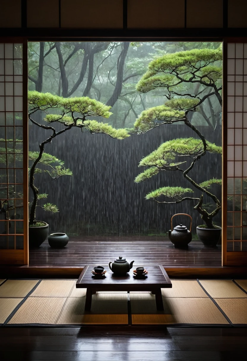 This image depicts a calming traditional Japanese room on a rainy evening and lit by lanterns, featuring a wooden floor, a wooden table in the center with a teapot on top, and sliding shoji doors offering a view of a carefully tended zen forest. The presence of natural rain elements both inside and outside creates a harmonious atmosphere that is at the heart of Japanese aesthetics. The careful arrangement of indoor spaces and outdoor forests reflects the rain and mist culture's emphasis on beauty, rain, and a deep connection with nature. night around 10/12, shot from a side angle, dark lighting