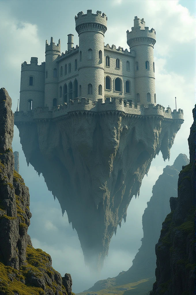 Ruins of a medieval castle with arched windows and towers they were in floating rock 