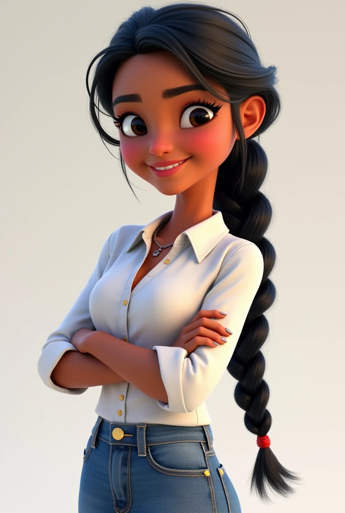 Pixar style image with 3D woman character with white skin, long black braided hair ,Disney,Close-up, pixar, Disney, white blouse, jeans and with arms crossed and smiling