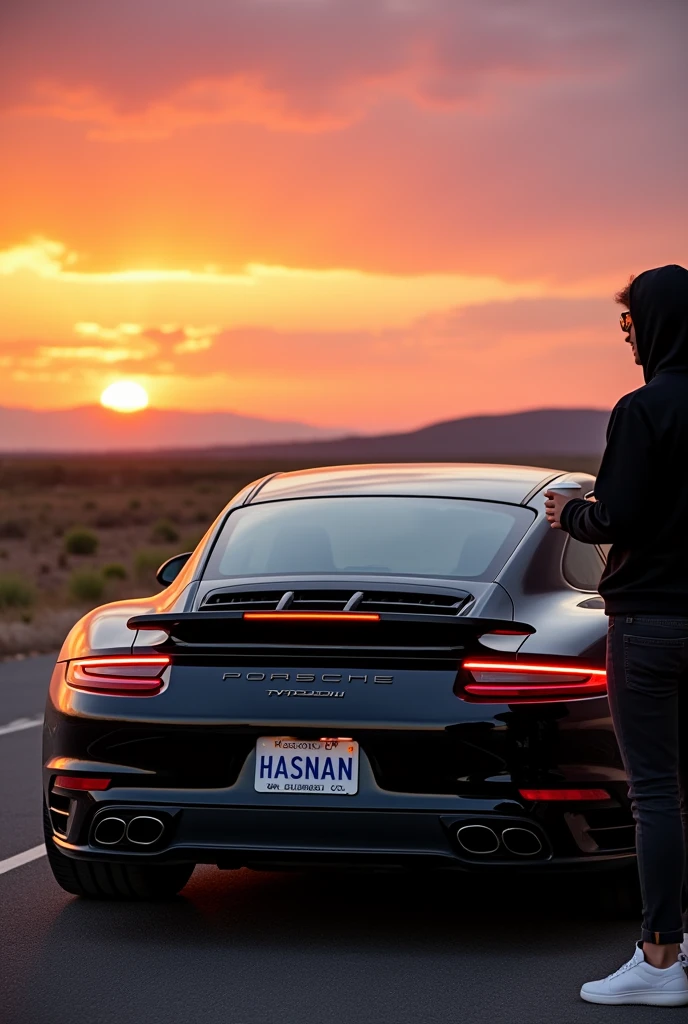 a sleek black Porsche 911 Turbo S parked gracefully against a vibrant sunset backdrop. The car's gleaming curves catch the warm, golden hues of the setting sun. On the back number plate, the name "HASNAN" is prominently displayed. Beside the car, a person in a black hoodie stands casually, holding a cup of coffee. The scene exudes a blend of elegance and relaxation, framed by the rich colors of dusk