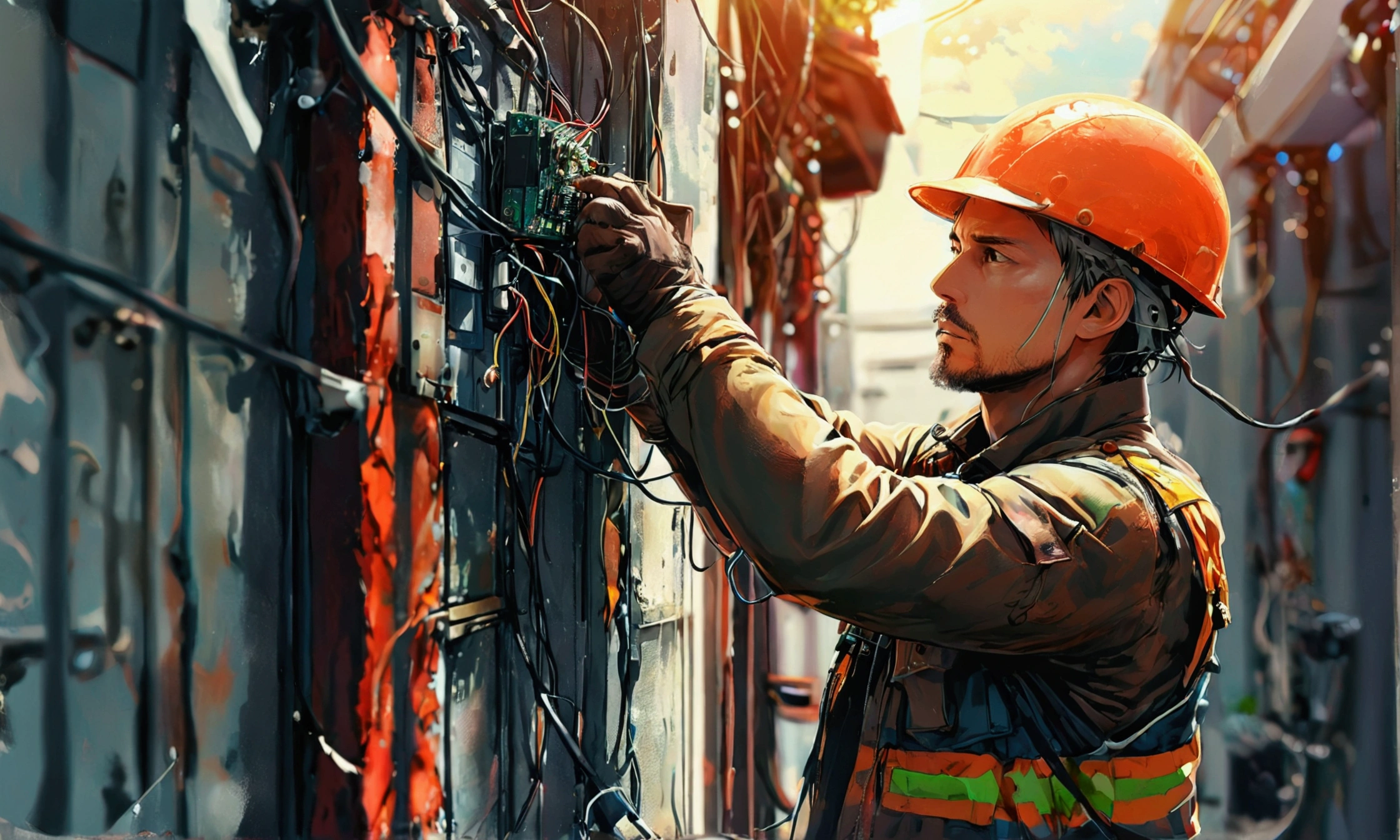 A MAN FIXING A SECURITY CAMERA FULL OF WIRES,manga style art,manga style art,manga style art,manga style art