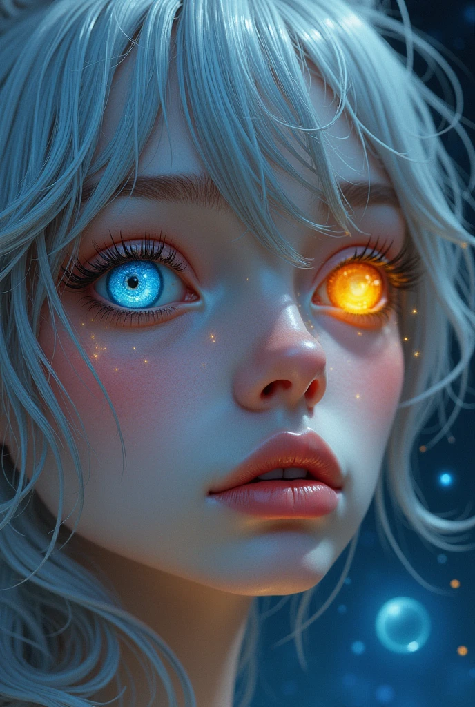 (Close-up of a better masterpiece:1.5)0.9], (Space and astronauts:1.2) (Messy silver hair:1.1) (Heterochromia xanthochromia and blue eyes:1.2) (Space Helmet:1.0) (Colored stars in the eyes:1.0) (A radiant glow:1.1) (thick lips:0.9)