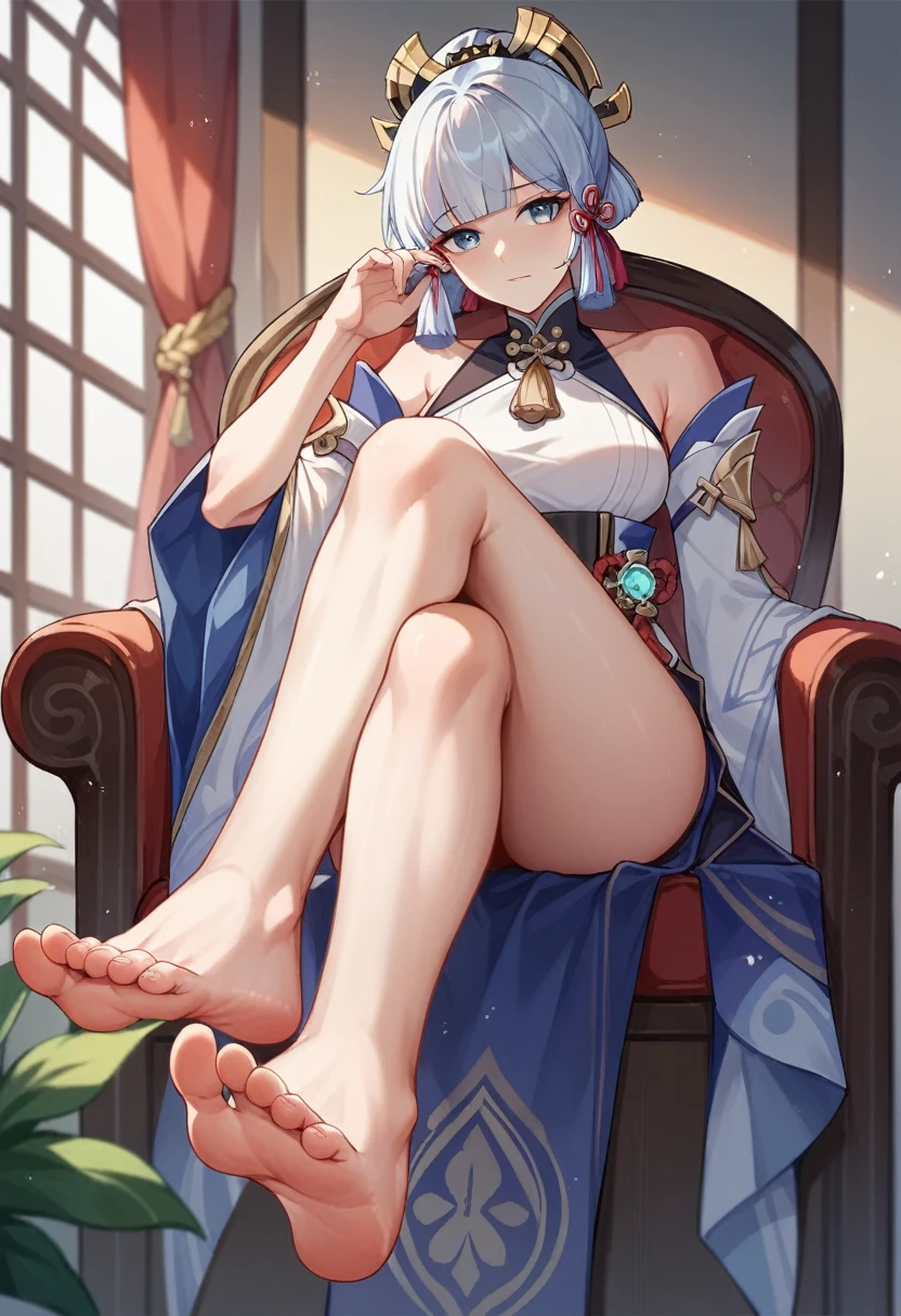 1 girl, Kamisato Ayala, Genshin Impact, sitting on a chair, legs crossed, presenting foot