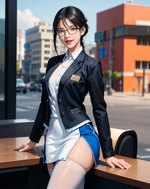 black hair, blue eyes, long hair,short braided hair,ponytail, Ahoge,OL, happy smile, smile, open your mouth,Black Abyss Glasses, end, black suit jacket, collared jacket, white dress shirt, collared shirt, neckline, button, strap, ID card on neck, black pencil skirt, black pantyhose,stiletto heels,sit cross-legged on a chair,There is a computer on the desk.,touch typing,Make sure the whole body is included in the illustration, break outdoors, city,building street, break looking at viewer, (cowboy shot:1.5), break (masterpiece:1.2), highest quality, High resolution, unity 8k wallpaper, (shape:0.8), (fine and beautiful eyes:1.6), highly detailed face, perfect lighting, Very detailed CG, (perfect hands, perfect anatomy),