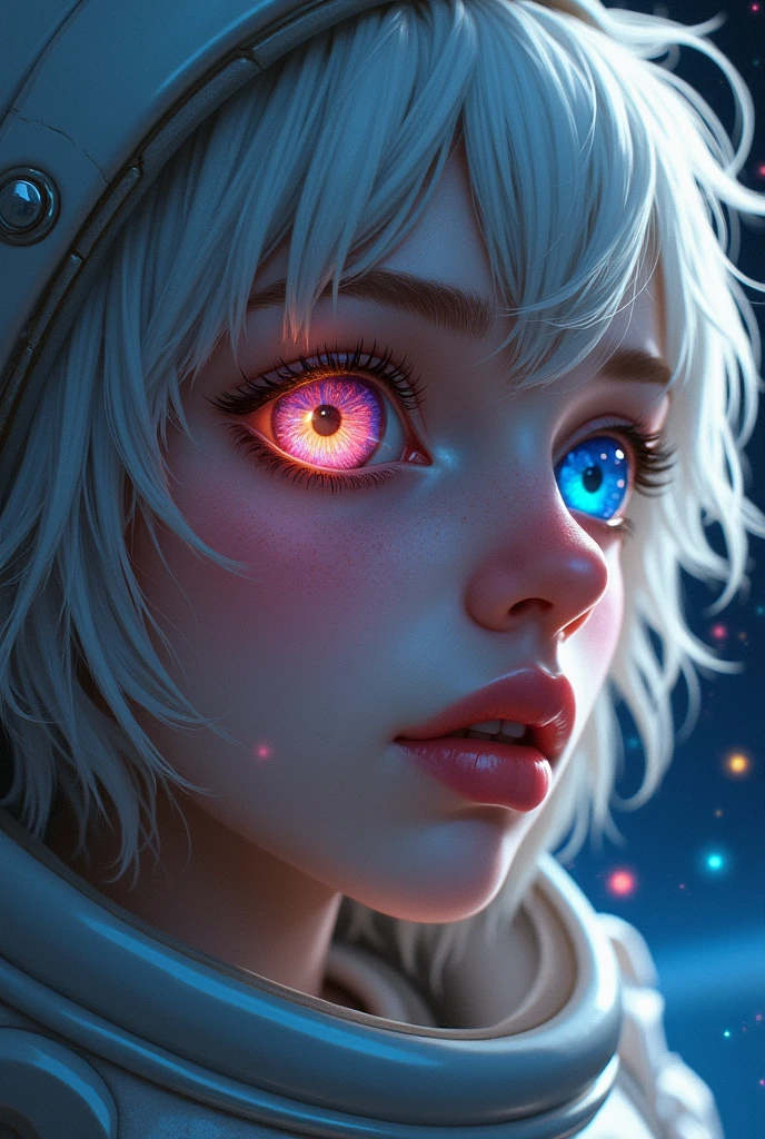 (Close-up of a better masterpiece:1.5)0.9], (Space and astronauts:1.2) (Messy silver hair:1.1) (Heterochromia xanthochromia and blue eyes:1.2) (Space Helmet:1.0) (Colored stars in the eyes:1.0) (A radiant glow:1.1) (thick lips:0.9)