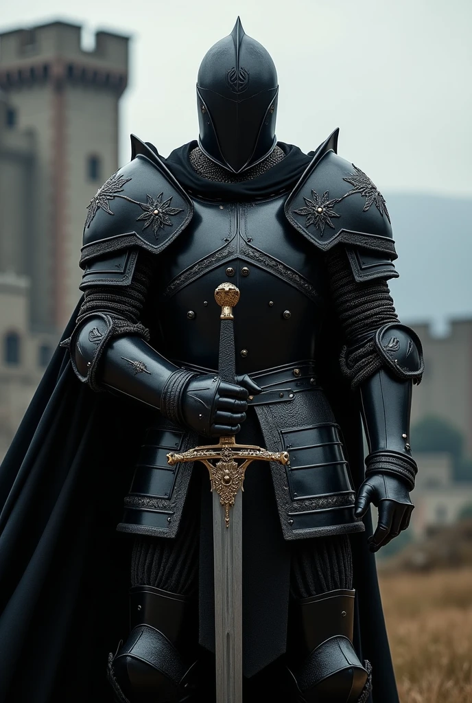 A medieval knight in shining black armor with a sword
