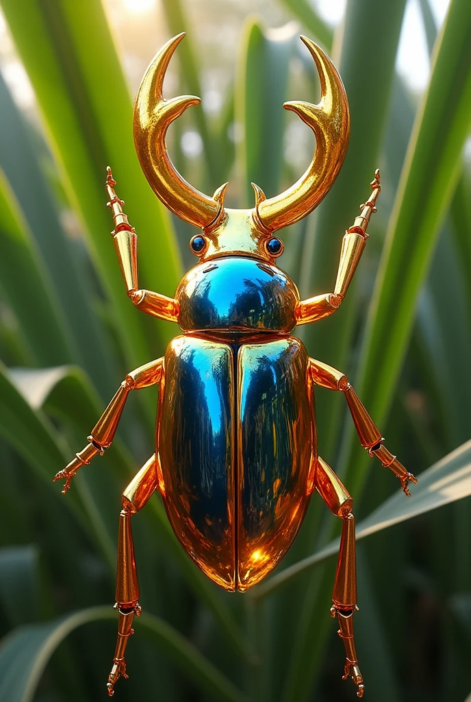 The Thai robot Stag beetle glass beautiful art golden and blue color เต็มตัว สะท้อนแสงอาทิตย์ บนอ้อย