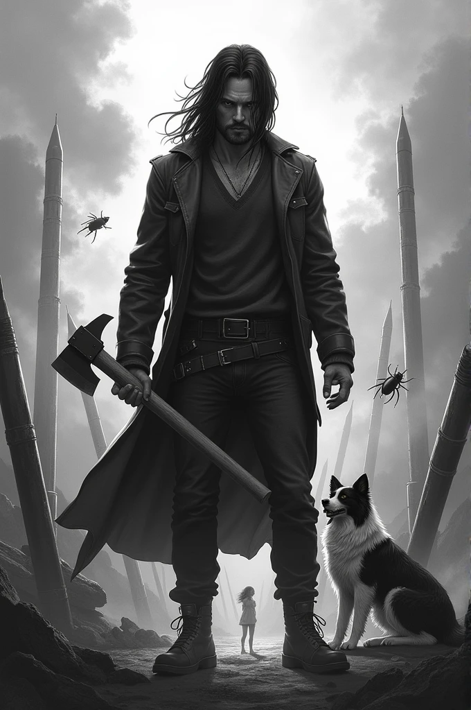 Dark-haired man with straight hair, apocalypto,black and white border collie, apocalypto,ginger,missiles, ax,beetle,Women, dressing gown, cigar 