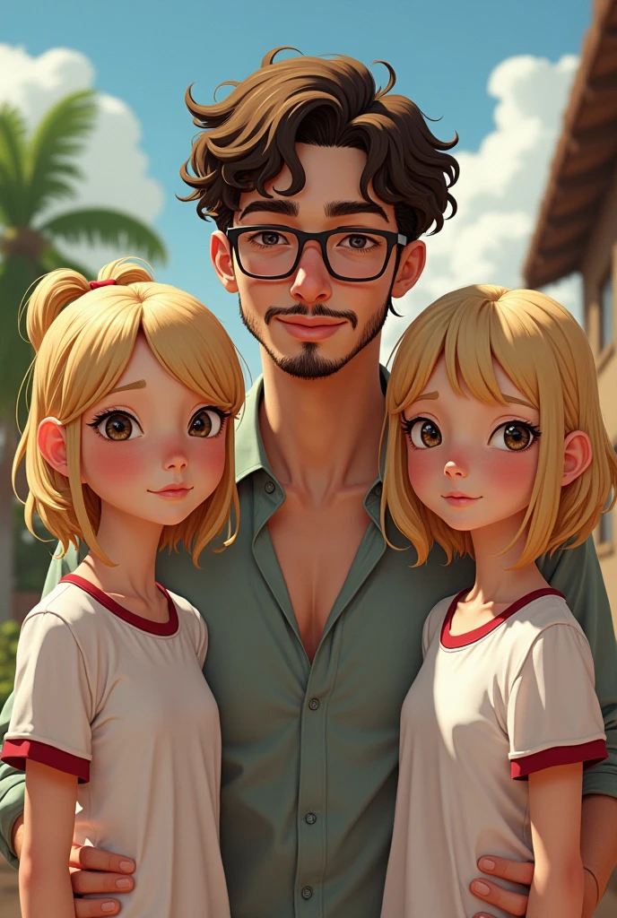 Homem with the following characteristics: brown haired white, short and curly; thin lips and little beard; using rectangular design glasses.
Two identical girls, looking like he's , with the following characteristics: white, blondes, with dark green eyes and a thin chin.