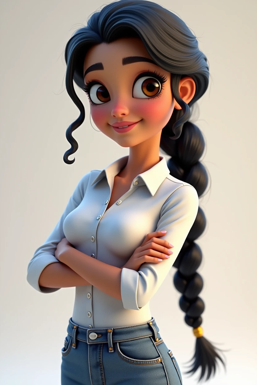 Pixar style image with 3D woman character with white skin, long black braided hair ,Disney,Close-up, pixar, Disney, white blouse, jeans and with arms crossed and smiling 