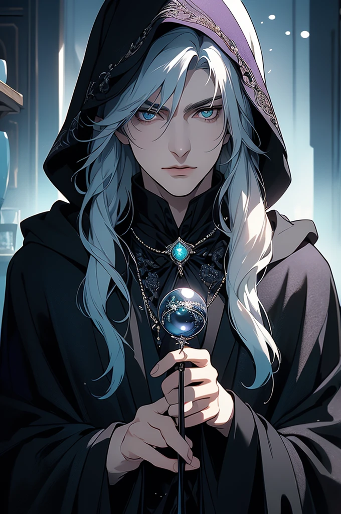 (masterpiece, 32k, 8k) very detailed image, naturally handsome young man, pale skin, shoulder-length silver hair, deep cyan eyes, (beautiful black cloak), image focused on the character's face, character looking fixedly at the viewer, cynical expression, office background, holding a black pearl in her hand, pearl shining black and purple