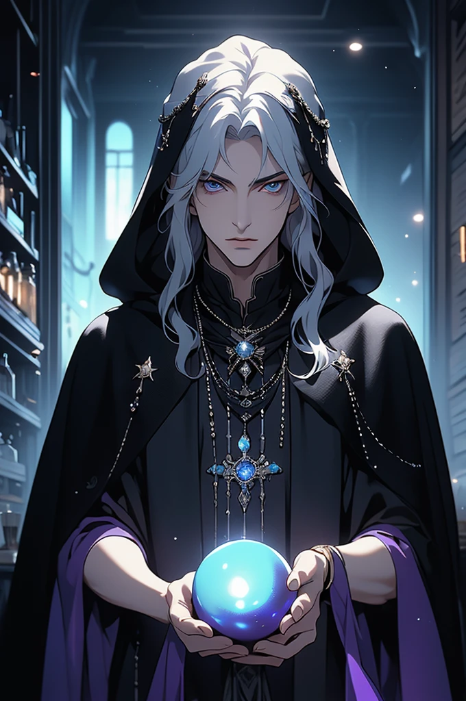 (masterpiece, 32k, 8k) very detailed image, naturally handsome young man, pale skin, shoulder-length silver hair, deep cyan eyes, (beautiful black cloak), image focused on the character's face, character looking fixedly at the viewer, cynical expression, office background, holding a black pearl in her hand, pearl shining black and purple