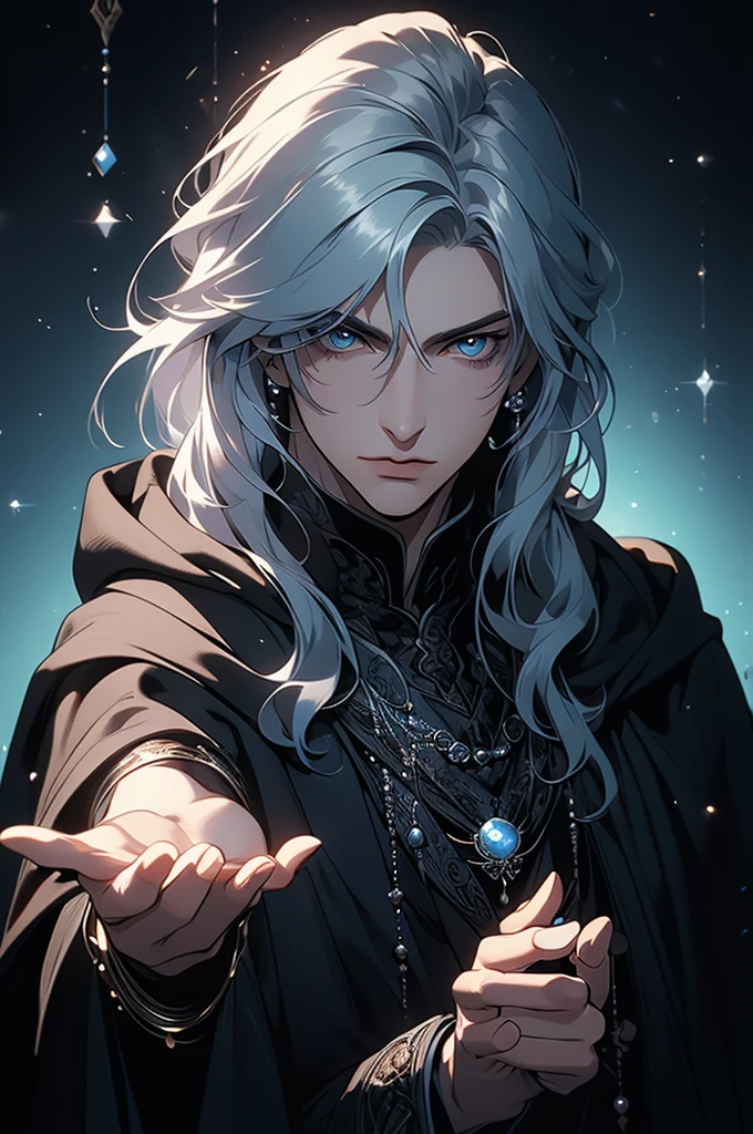 (masterpiece, 32k, 8k) very detailed image, naturally handsome young man, pale skin, shoulder-length silver hair, deep cyan eyes, (beautiful black cloak), image focused on the character's face, character looking fixedly at the viewer, cynical expression, office background, holding a black pearl in her hand, pearl shining black and purple