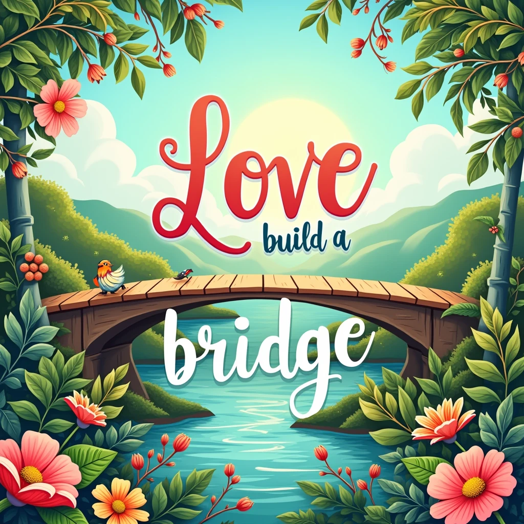 Typography Poster design, summer theme, text "Love build a bridge", masterpiece, best quality, ultra-detailed, intricate, vivid colors