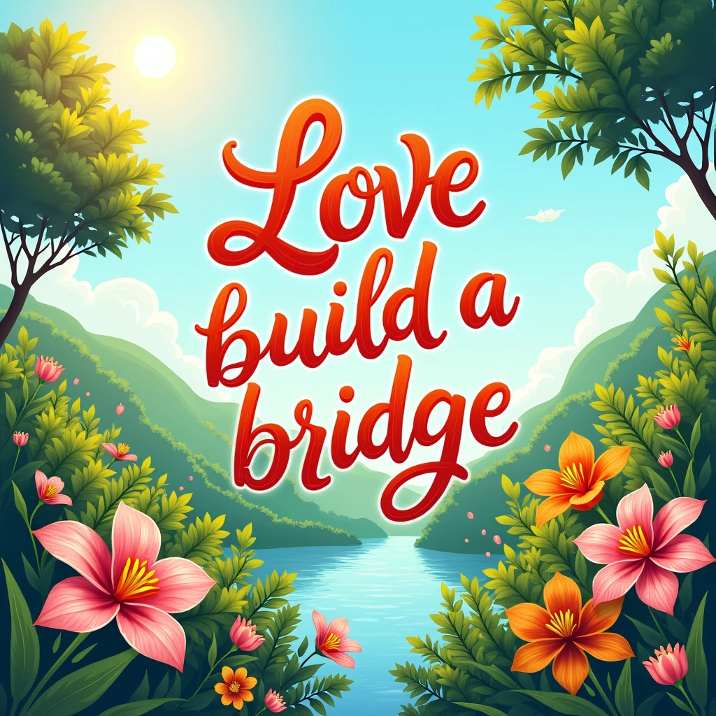Typography Poster design, summer theme, text "Love build a bridge", masterpiece, best quality, ultra-detailed, intricate, vivid colors