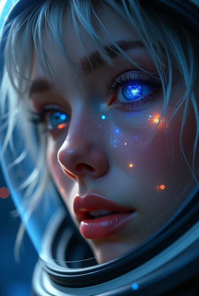 (Close-up of a better masterpiece:1.5)0.9], (Space and astronauts:1.2) (Messy silver hair:1.1) (Heterochromia xanthochromia and blue eyes:1.2) (Space Helmet:1.0) (Colored stars in the eyes:1.0) (A radiant glow:1.1) (thick lips:0.9)