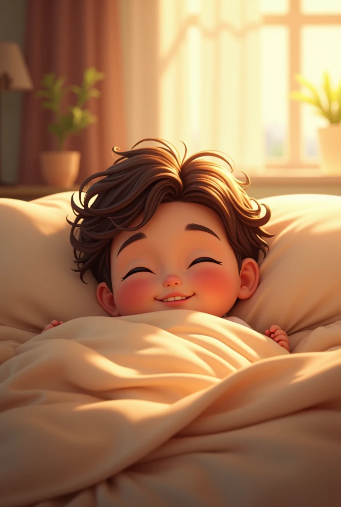 Boy wake up from sleep and smile 