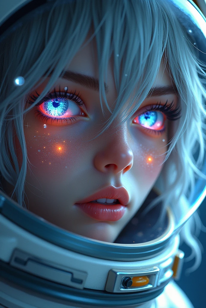 (Close-up of a better masterpiece:1.5)0.9], (Space and astronauts:1.2) (Messy silver hair:1.1) (Heterochromia xanthochromia and blue eyes:1.2) (Space Helmet:1.0) (Colored stars in the eyes:1.0) (A radiant glow:1.1) (thick lips:0.9)