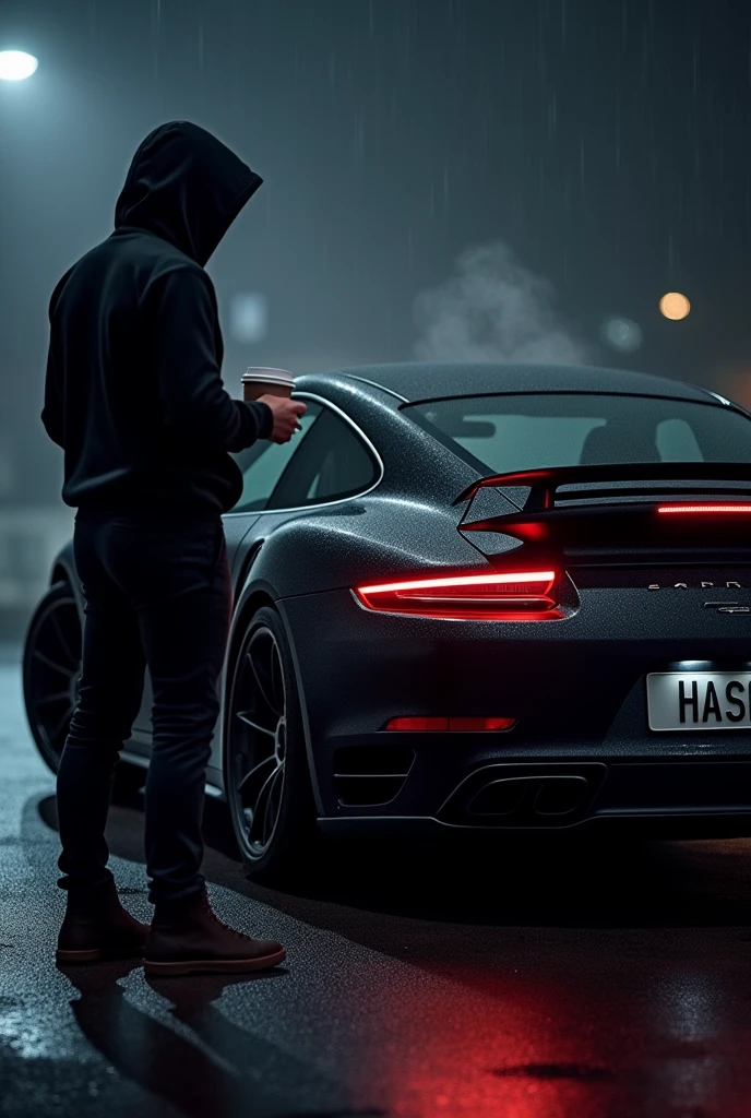 Porsche 911 Turbo S, sleek and black, parked on a dark, rainy night. The car’s glossy surface reflects the streetlights, making it glisten against the backdrop of the stormy weather. The number plate reads "HASNAN," adding a personal touch. In front of the car stands a figure in a black hoodie, holding a cup of coffee. The hoodie’s hood is pulled up, partially obscuring the person's face, while the steam from the coffee mingles with the cool night air. The scene is both mysterious and contemplative, with the car’s powerful presence contrasting with the serene, rainy night.