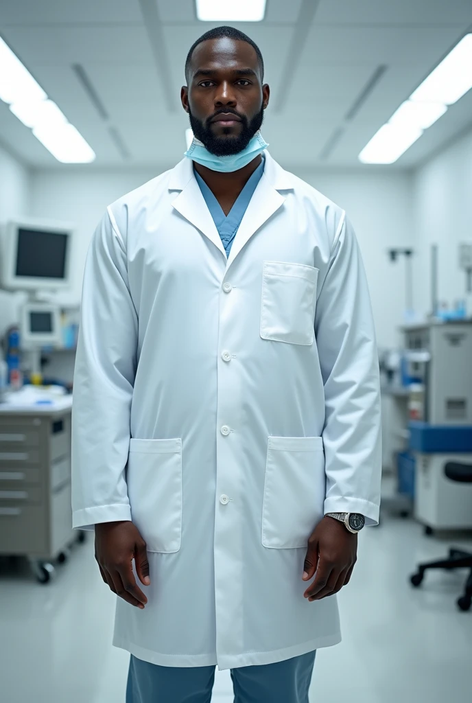 Photo of a tall dark-skinned man dressed in a doctor's uniform in a surgery room