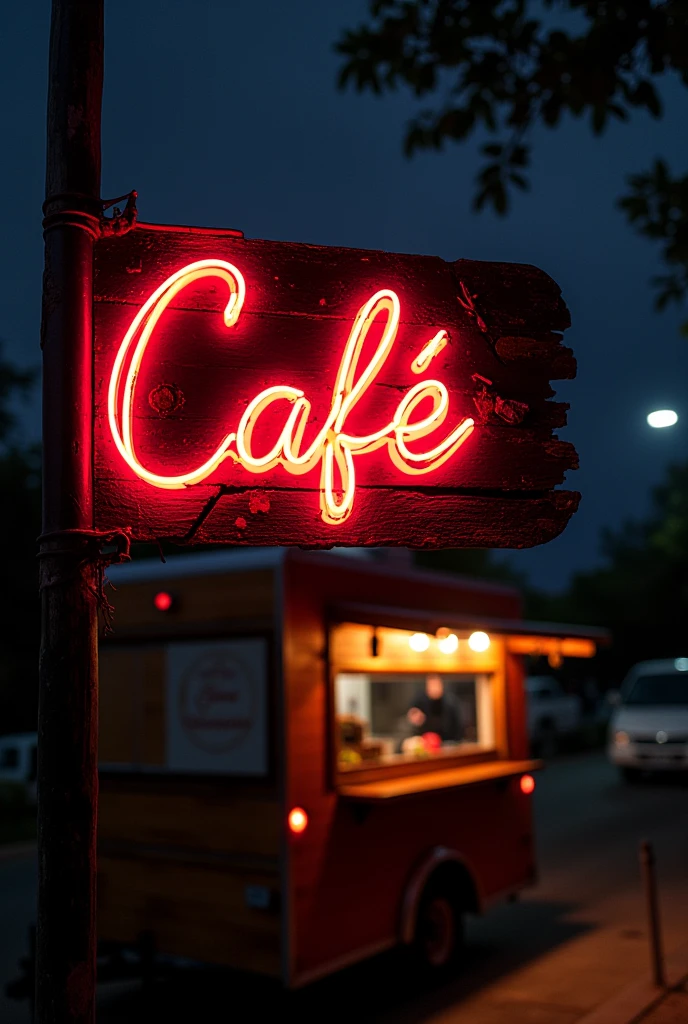 Create a sentence from the front with rustic and irregular handwriting, for a written food trailer " The Café ", in portuguese with neon.
