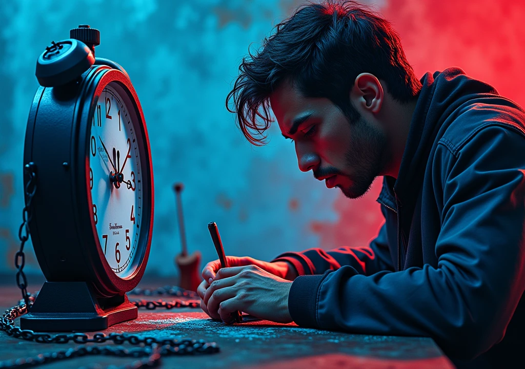 : Une personne concentrée ou travaillant dur, avec des couleurs fortes (bleu foncé, rouge). Ajoute un symbole de discipline comme une horloge ou des chaînes brisées  la persone ce trouve à gauche