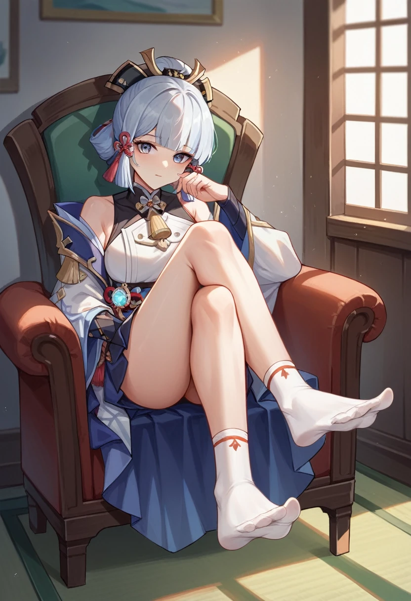 1 girl, Kamisato Ayala, Genshin Impact, sitting on a chair, legs crossed, presenting foot, socks