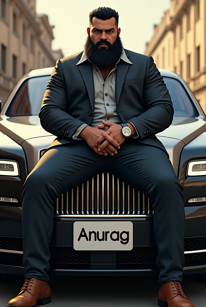 A big boy with beared sitting on rolls Royce and write anurag on number plate