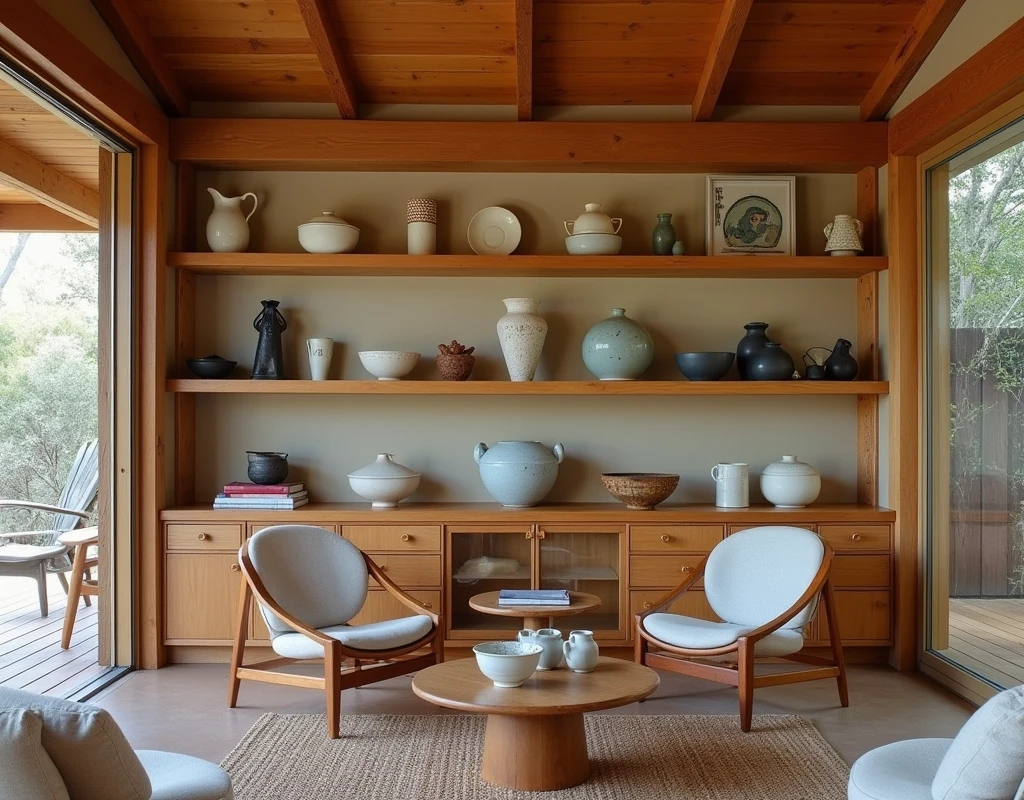 Lucie Rie Ceramics Collection in displayed in Topanga 60's arsty California Cabin Mid-centrury fresh but Cozy