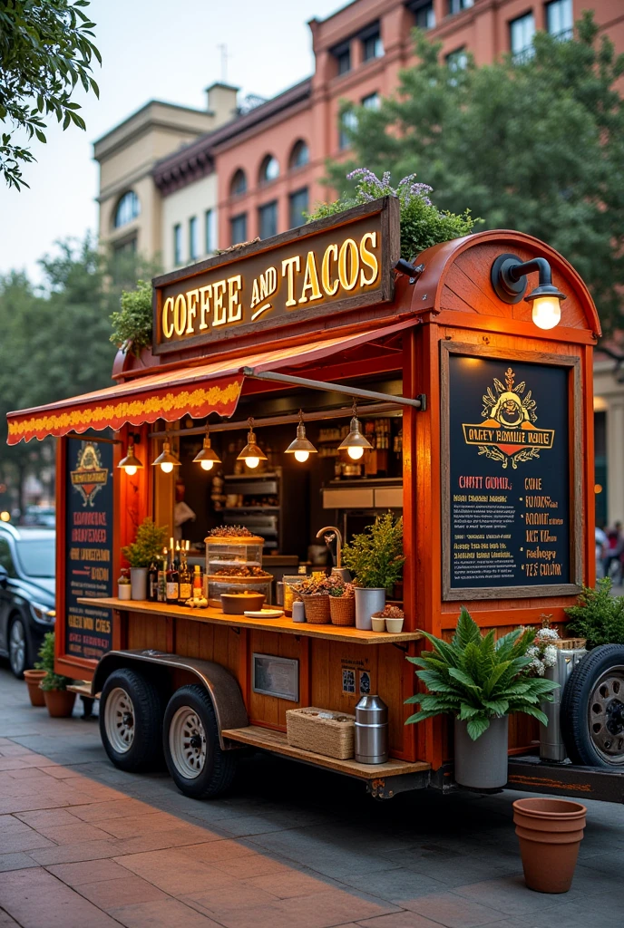 Create a sentence for a written food trailer "coffee and tacos"