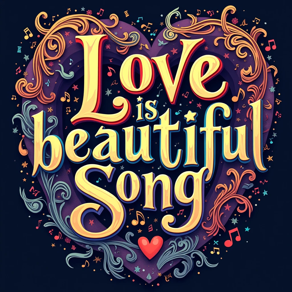 Typography Poster design, musical note theme, text "Love is beautiful song", masterpiece, best quality, ultra-detailed, intricate, vivid colors