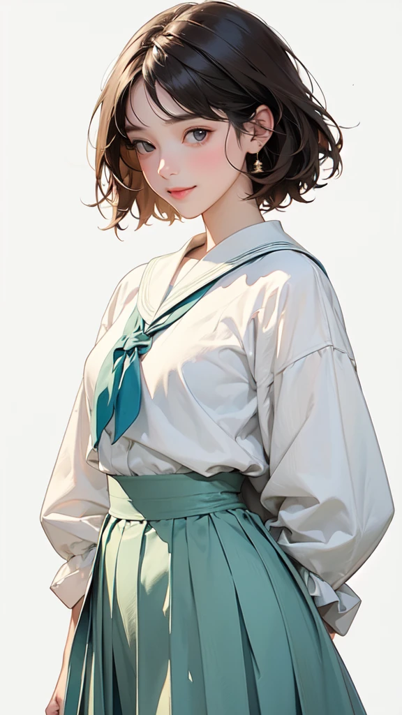 ((Watercolor of singer Sargent))、Impressionist style painting、The Art of Edouard Bisson、(Highest quality、masterpiece)、(1 Girl、alone、whole body、natural standing posture)、(Detailed facial depiction、A kind smile)、(Portraiture:1.2)、Long dark brown hair、White Sailor Suit、Green sailor collar、uniform、Long skirt、Pleated skirt、shoes、(Vintage、Classic)、(No background)、((White Background))、Blur the background、