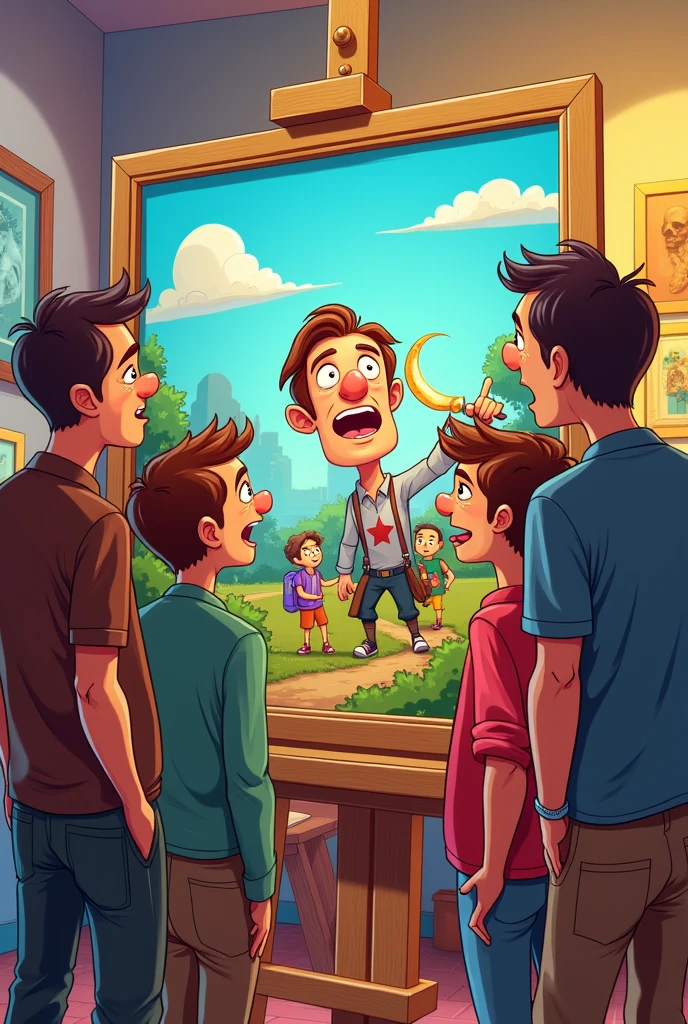 People asking question from a painter about his painting seriously cartoon image