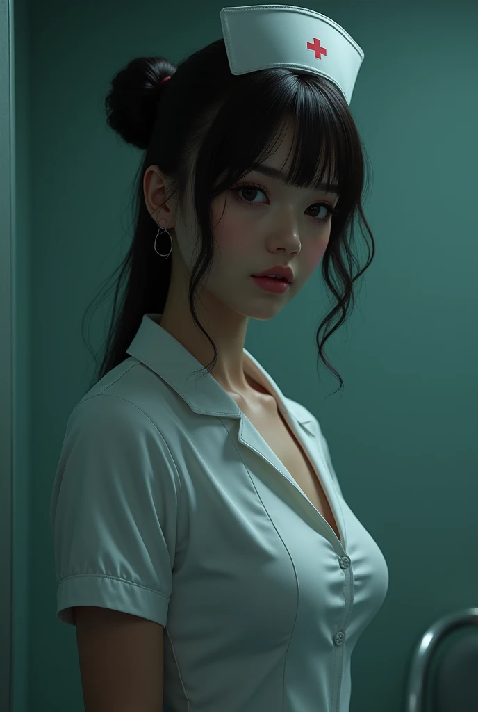 (masterpiece、realist、masterpiece,Very detailed,of the highest quality,8k,CG,cipher,shaved off:1.0),(A girl:1) 、dark room、bedroom、Sexy gestures and faces.、sexy, jyojifuku,nurse、big breasts, neckline、latexのnurse uniform