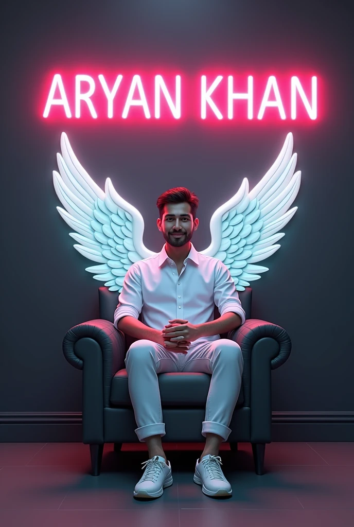 Creat a 3d illosion a propile picture were a25 year old 2 two cute boy in a blach shirt casually on a pakistani flage back chair Waring sneakers he looks a pakistani flage background features aryan shamsher in big and capital oring neon lighter fonts on the dark gray wall the should not be his shadow and there are 14aguest to make it appear as if he is an angel .