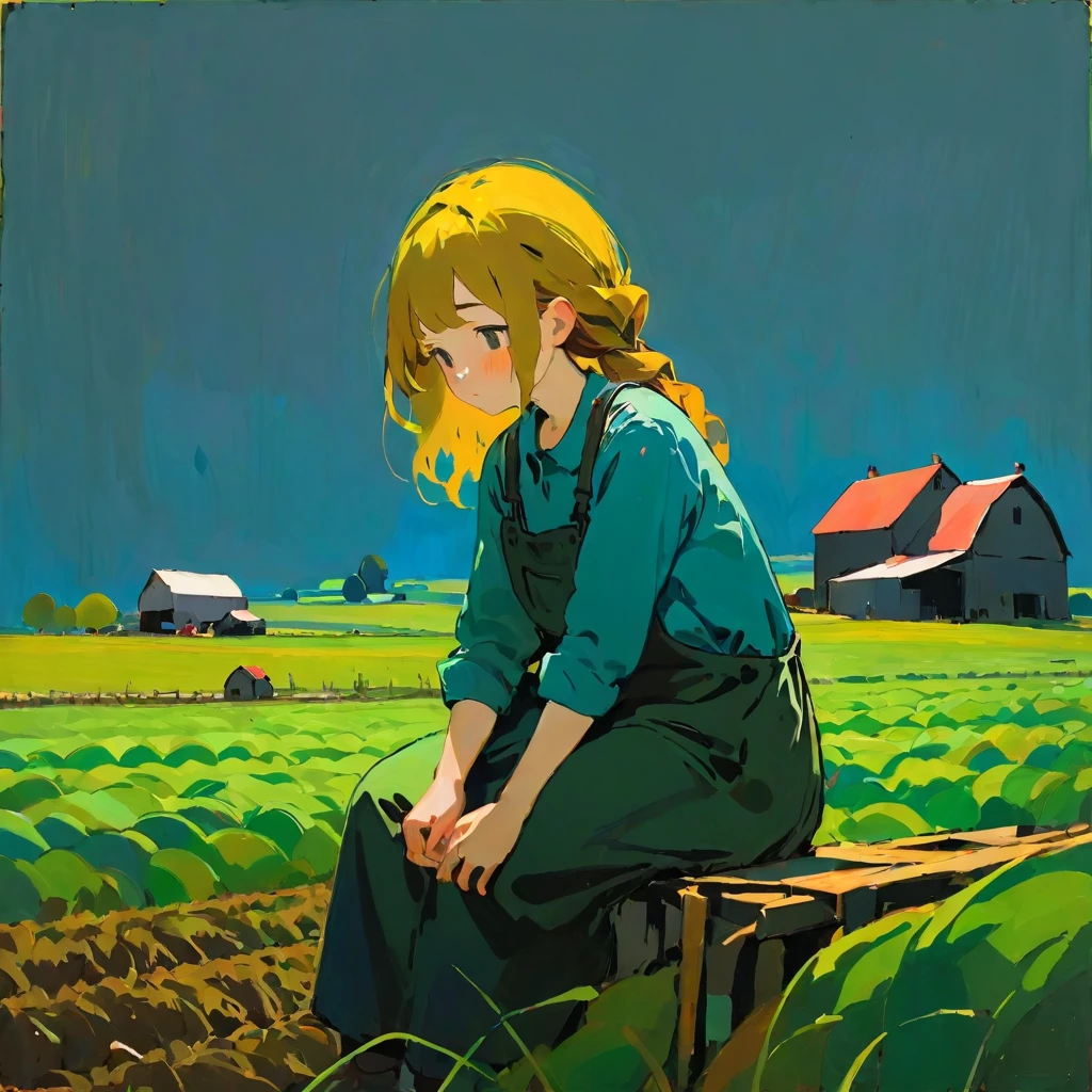 Girl working on farm, Sitting、Are depressed、Amy Earls, abstract expressionism, dark, gesture, Whimsical、Deformation、