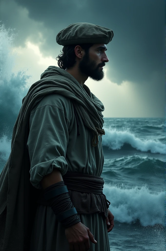 Ancient greek sailor sailong in a storm as a profile pick