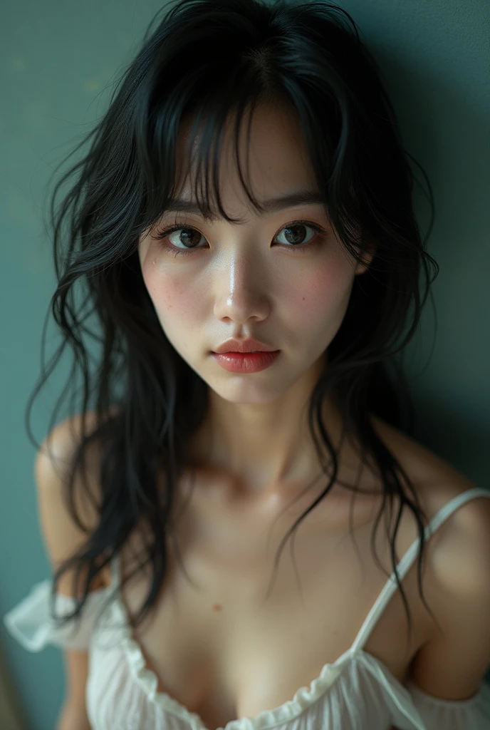 (((Full body image of a woman))),(Model shooting style), (shy), 1 girl, Lonely, Shiny black hair、 Extremely rich facial detail, Beautiful Eyes, cute, Slightly red cheeks,bright, Lonely Eyes, Stunning beauty, (Rembrandt Lighting), ARRI Lenses, Surreal, (Skin with attention to detail:1.2),4K,ARRI ALEXA LF,Promise, Dramatic Rim Light,Sparkle Effect, high quality,Very delicate and beautiful, wonderful, In detail, masterpiece, Very detailed, High resolution,Best Shot, Best Shadow,Complex,Sharp focus, high quality, 1 Japan woman, alone.cute,Fuka Koshiba,Yuki Sakurai,waterfall,water droplets,Wet,Lens flare,No sleeve,Frills,Beautiful breasts,Swallowtail butterfly,A butterfly flutters,Cool eyes,Glossy Lips,An ennui smile,Glowing Skin,Transparent skin,From above,Open your arms,Waistline,Beautiful nipples,((No shirt, Very good, Naked underneath, Bare chest, Barely covering her nipples)),((Wet, Her clothes are transparent, Her body and skin sweat))