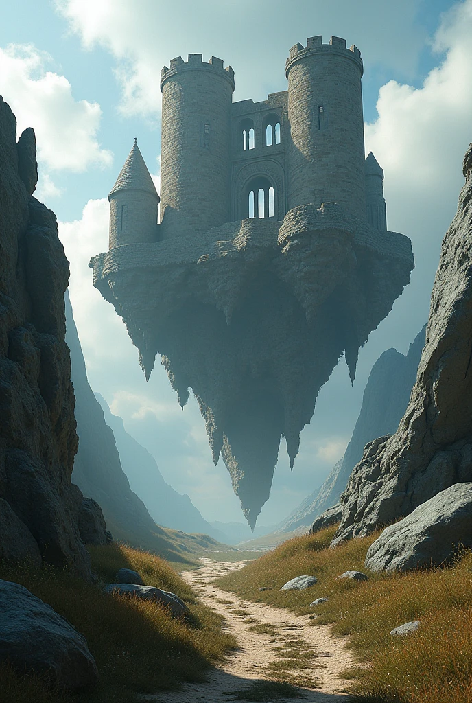 Ruins of a medieval castle with arched windows and towers surrounded by dirt path they were in floating rock