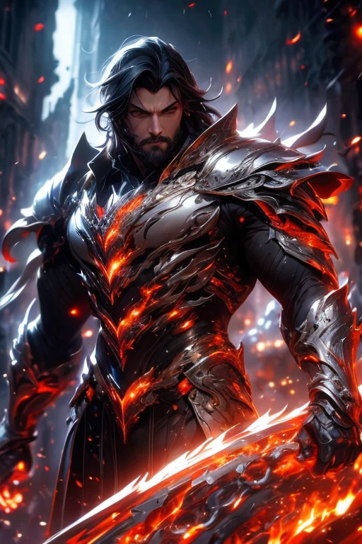 a man in silver armor, black hair, red eyes, highly detailed, 8k, photorealistic, cinematic lighting, epic fantasy, dramatic pose, complex textures, intricate details, muscular build, glowing red eyes, shiny metallic armor, flowing black hair, dramatic lighting, cinematic composition, ultra-detailed, photographic quality, ambient occlusion, depth of field, volumetric lighting, full viwer