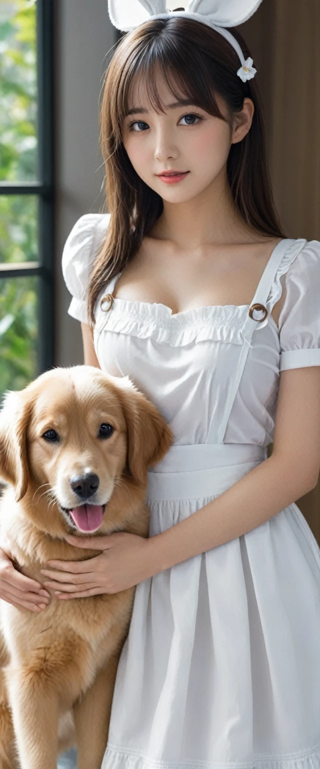 ((nsfw)),(8k, RAW photo, best quality, masterpiece),High detail RAW color photo, professional photograph,(realistic, photo realistic), (best quality),((a girl and a little baby dog of Golden Retriever)),((the girl is a very beautiful and very cute maid)),(The girl is breastfeeding to the dog with the girl's own breastmilk),(the girl is ),((the girl is completely naked and completely unclad)),((the girl is sitting on a chair in a living room and holding the dog to the girl's chest)),((the girl has abnormal extra ultra huge boobs:1.98)),((the girl's each boob is more than the nineth times size of the girl's head:1.98)),(the girl has a thin baby girl body shape except for her breasts),feminine,(the girl is baby face),(the girl has small cute face), (big double eyelid eyes),(small cute nose), ((slim waist)),((small hip)),(looking at viewer),(detailed maid:1.2),((the girl is wearing a frilly very small white semicircular waist apron only)),((the girl is wearing the katyusha with the ears of a white bunny girl on the girl's head)), mushroom cut hair style, smooth brown hair,((bangs)), smooth skins, (no clothing), (the girl is not wearing a bra:1.68), (no manicure), (no maked up), (no accessary),(the girl's each boob is exposed on full),(the girl's nipples are exposed),